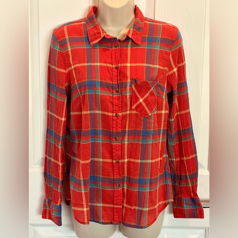 🍀Merona Plaid very Lightweight blouse Medium. 100% Cotton. Bright Orange/red.